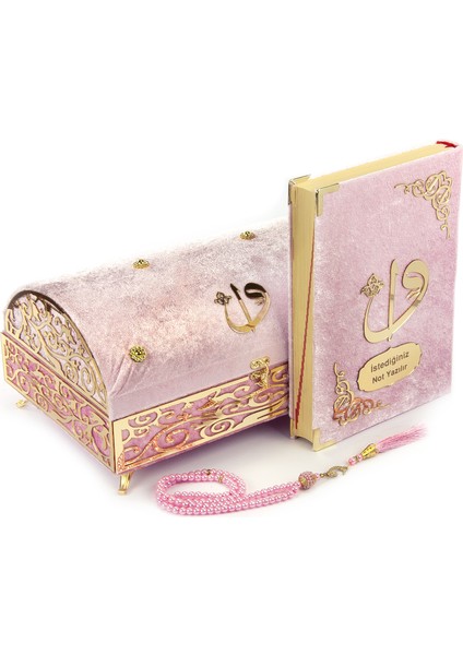 Kadife Kaplı Define Sandıklı Kişiye Özel Hediyelik Kuranı Kerim Seti Pembe fiyatları