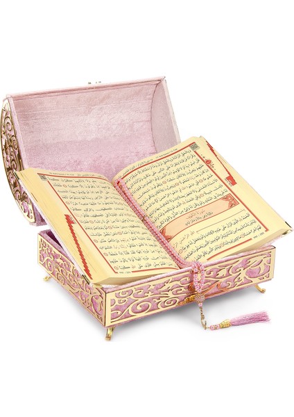 Kadife Kaplı Define Sandıklı Kişiye Özel Hediyelik Kuranı Kerim Seti Pembe modelleri