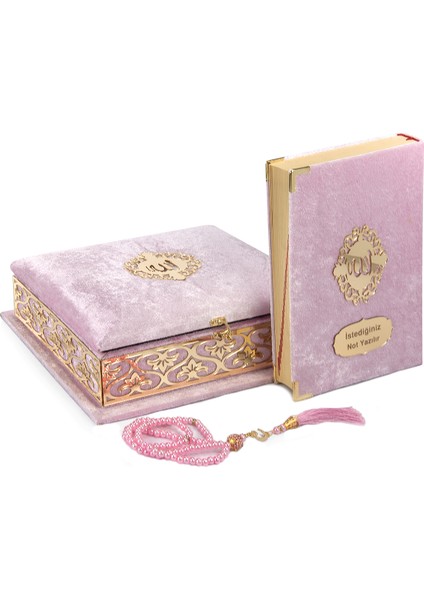 Kabarık Kalın Süngerli Kadife Kaplı Sandıklı Kişiye Özel Hediyelik Seccadeli Kuranı Kerim Seti Pembe