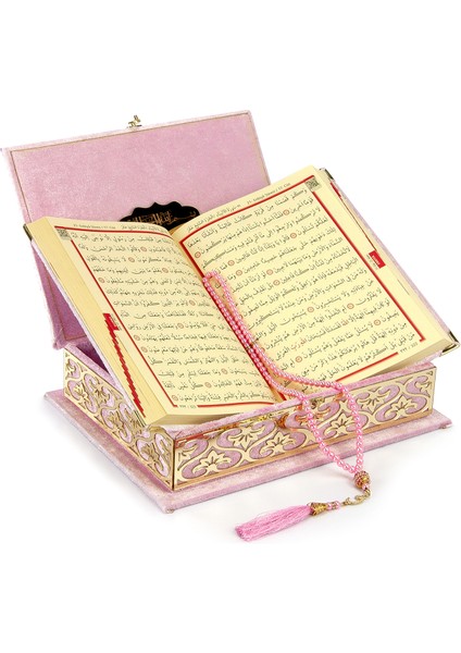 Kabarık Kalın Süngerli Kadife Kaplı Sandıklı Kişiye Özel Hediyelik Seccadeli Kuranı Kerim Seti Pembe fiyatları