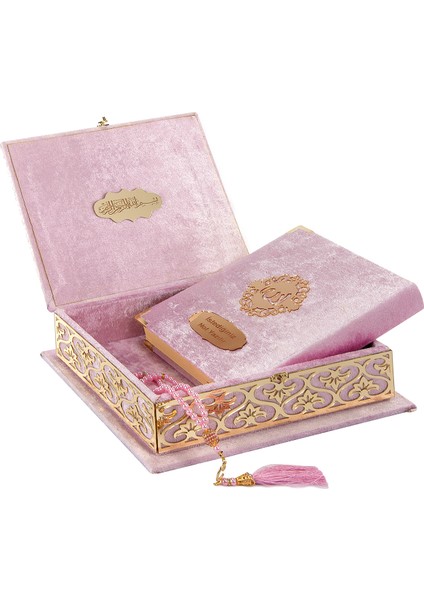 Kabarık Kalın Süngerli Kadife Kaplı Sandıklı Kişiye Özel Hediyelik Seccadeli Kuranı Kerim Seti Pembe modelleri
