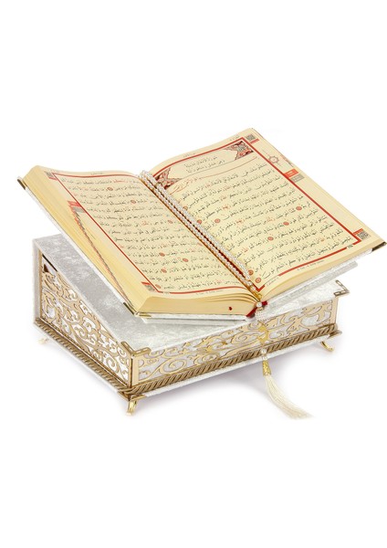 Kadife Kaplı Sandıklı Rahleli Kişiye Özel Hediyelik Kuranı Kerim Seti Beyaz fiyatları