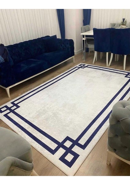 STY Home Vogue Kaymaz Tabanlı Yıkanabilir Halı Kilim Yolluk Beyaz Lacivert