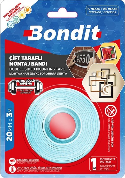 Ultra Güçlü Çift Taraflı Montaj Bandı 20 mm x 3 M