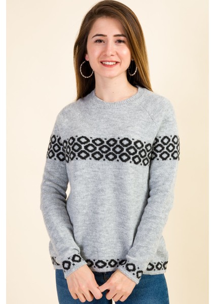 Sıfır Yaka Jakarlı Kazak - Gri Siyah