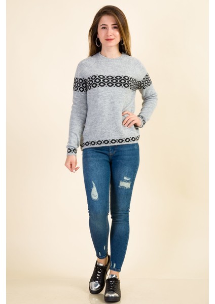 Sıfır Yaka Jakarlı Kazak - Gri Siyah fiyatları