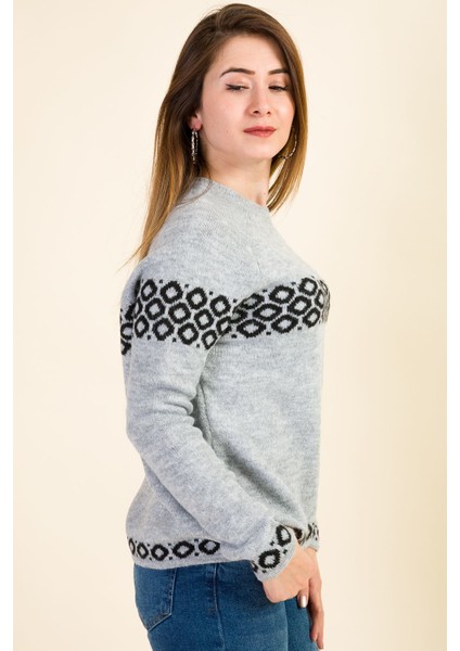 Sıfır Yaka Jakarlı Kazak - Gri Siyah modelleri