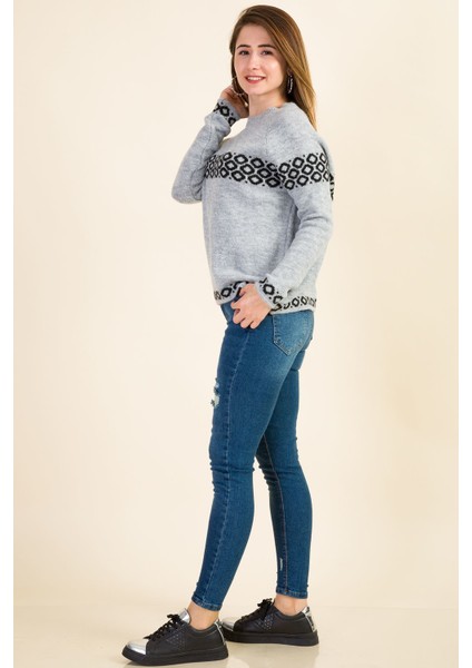 Sıfır Yaka Jakarlı Kazak - Gri Siyah fırsatları