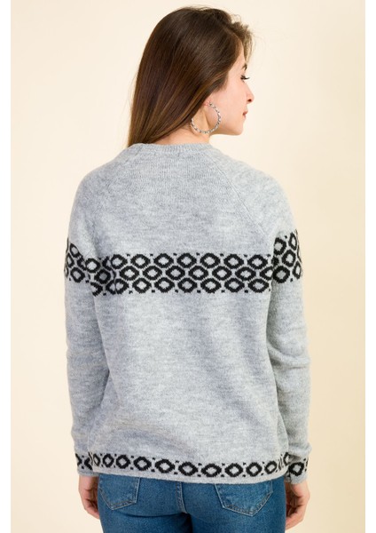 Sıfır Yaka Jakarlı Kazak - Gri Siyah indirimleri