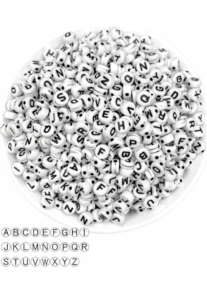 50 gr Harf BONCUK,4X7MM Yassı Beyaz Üzeri Siyah Harf Boncuk (50GR,~375 Adet)