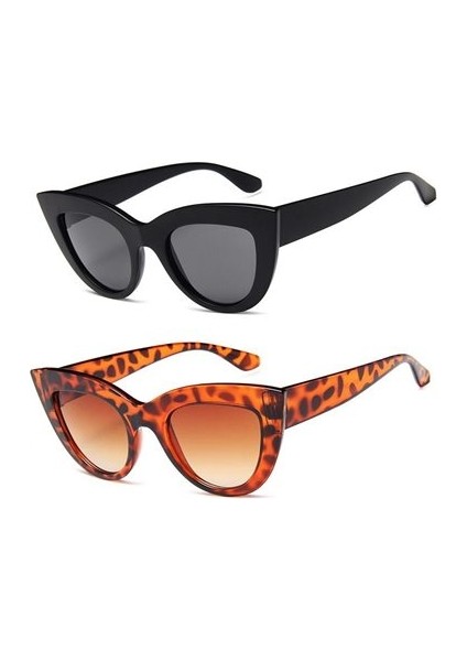 2'li Cat Eye Oval Güneş Gözlüğü (Siyah - Leopar)