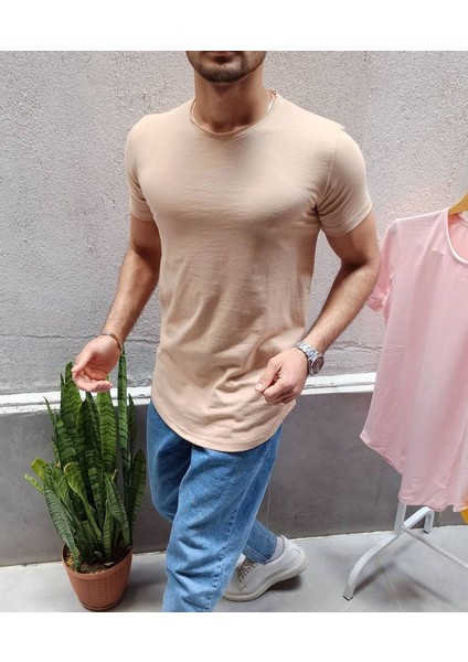 Erkek Krem/ Bej Slim Fit Dar T-shirt