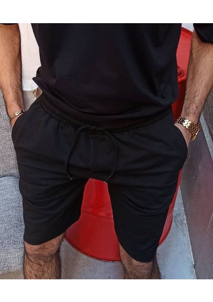 Unisex Siyah Rahat Kalıp Günlük Şort