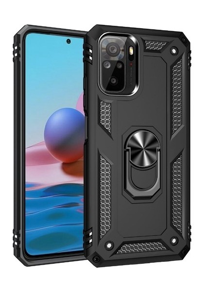 Xiaomi Redmi Note 10 Kılıf Çift Katmanlı Yüzüklü Manyetik Vega Kapak Siyah + Tam Kaplayan 5d Cam Ekran Koruyucu
