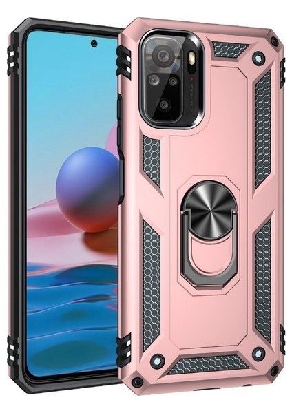 Xiaomi Redmi Note 10S Kılıf Çift Katmanlı Yüzüklü Manyetik Vega Kapak Rose + Tam Kaplayan 5d Cam Ekran Koruyucu