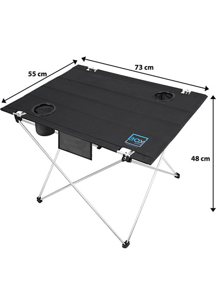 Katlanabilir Kumaş Kamp ve Piknik Masası, Siyah, 2 Bardak Gözlü, Geniş 73 x 55 x 48 cm
