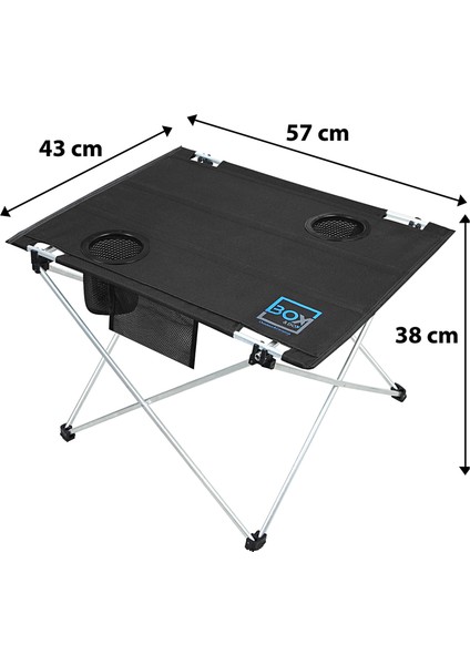 Küçük Boy Katlanabilir Kumaş Kamp ve Piknik Masası, Siyah, 2 Bardak Gözlü, 57 x 43 x 38 cm