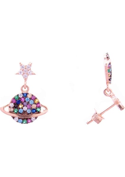 Çok Renkli Gezegen 925 Ayar Gümüş Rose Zirkon Taşlı Kadın Küpe modelleri
