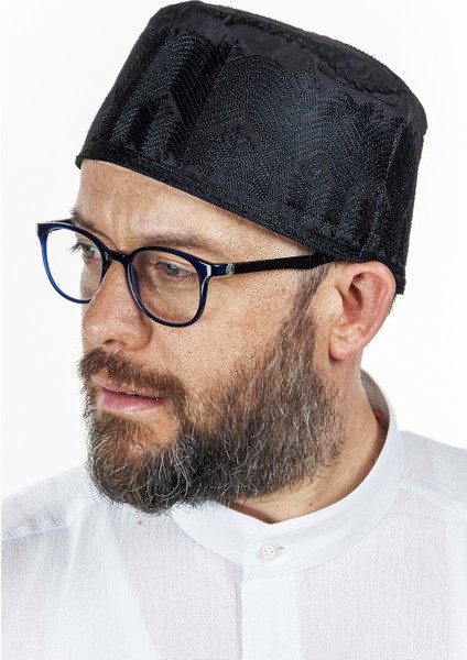 Nakış Desenli Kalıp Kumaş Takke Siyah