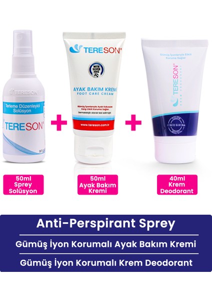 Terleme Önleyici Sprey 50 ml +Gümüş Iyon Korumalı Krem Deodorant +Gümüş Iyon Korumalı Koku Karşıtı Ayak Bakım Kremi