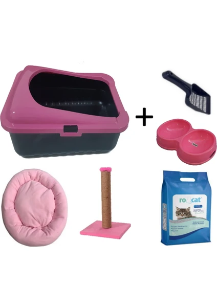 Kedi Tuvalet Kabı Pembe (5 Lt Kum + Kürek + 50 cm Tırmalama + Yatak ve Çiftli Mama Kabı Seti)