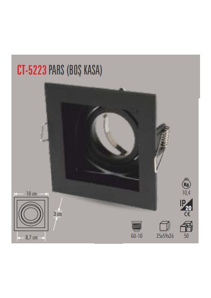 CT-5223 Pars Kare Siyah Spot(Boş Kasa) Cata