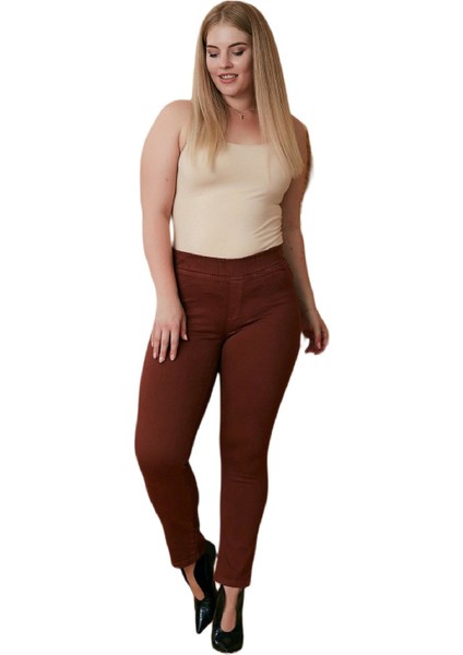 Fierte Kadın Büyük Beden Pantolon RG1592 Kanvas Normal Elastik Bel Boru Paça Spor Taba