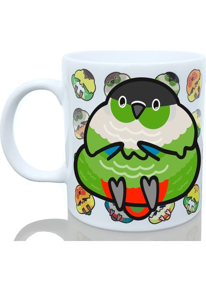 Konur Papağanı Kupası Arkası Desenli Kuşlu Kupa Hediye Yeşil Kırmızı