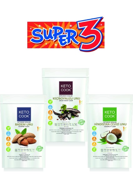 Badem Unu + Hindistan Cevizi Unu + Keçiboynuzu Unu Super 3 Set 3*100 Gram
