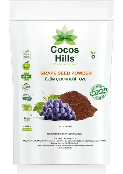 Cocos Hills Black Grape Seed Powder Siyah Üzüm Çekirdeği Tozu 100 gram