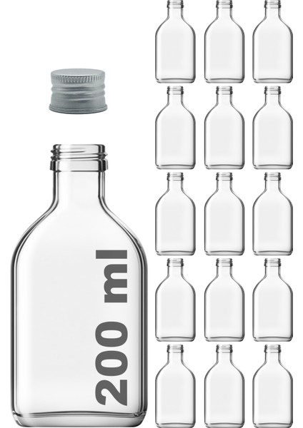 200 cc Cold Brew Şeffaf 200 ml Sızdırmaz Gümüş Plastik Kapaklı Yassı Cam Şişe (Soğuk Kahve) 15 Adet