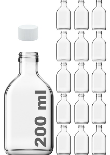 200 cc Cold Brew Şeffaf 200 ml Sızdırmaz Beyaz Plastik Kapaklı Yassı Cam Şişe (Soğuk Kahve) 15 Adet
