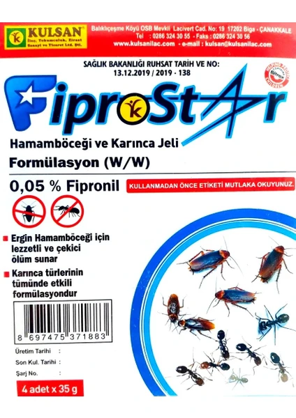 Kulsan  Fiprostar Hamamböceği ve Karınca Jeli 4X35 gr Böcek Ilacı (4 'lü)