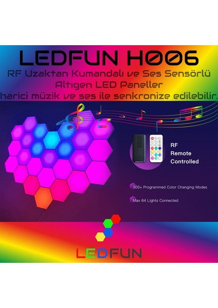 H006 Rf 6'lı Uzaktan Kumandalı ve Ses Sensörlü Altıgen LED Panel - Çok Renkli (Yurt Dışından) fiyatları