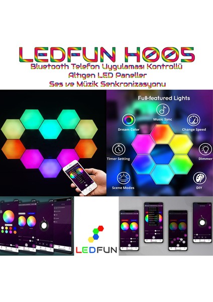 H005 Bluetooth Telefon Uygulaması Kontrollü Altıgen LED Paneller, ses&müzik senkronizasyonu - 6'lı (Yurt Dışından) fiyatları