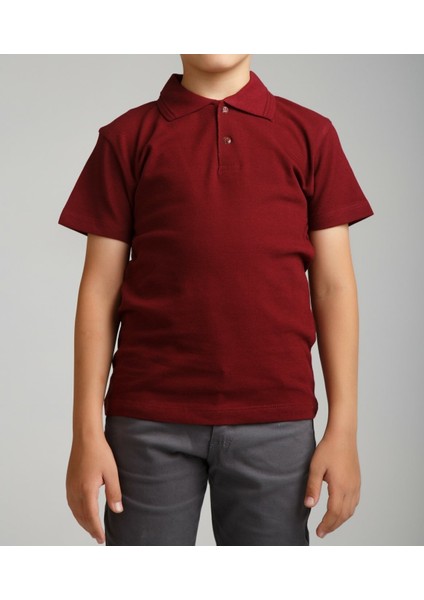 Cocuk Polo Yaka Kısa Kol Bordo Okul T-Shirt