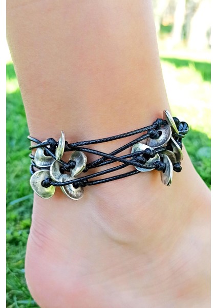 Antik Gümüş Kaplama Ipli Daire Şekilli El Yapımı Kadın Halhal