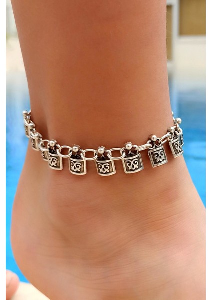 Antik Gümüş Kaplama Kare Şekilli El Yapımı Kadın Halhal