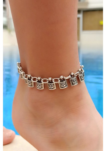 Antik Gümüş Kaplama Kare Şekilli El Yapımı Kadın Halhal fırsatları