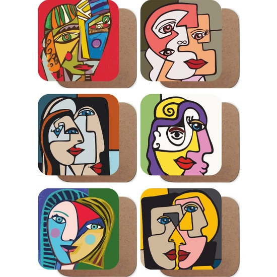 Hayat Poster Picasso Tarz Modern 6lı Ahşap Bardak Altlığı Seti