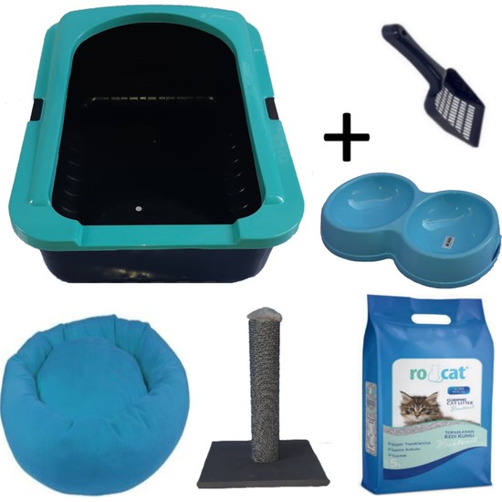 OPTIMAL Kedi Elekli Tuvalet Kabı Mavi 5 Lt Kum + Kürek + 50 cm Tırmalama + Yatak ve Çiftli Mama Kabı Seti