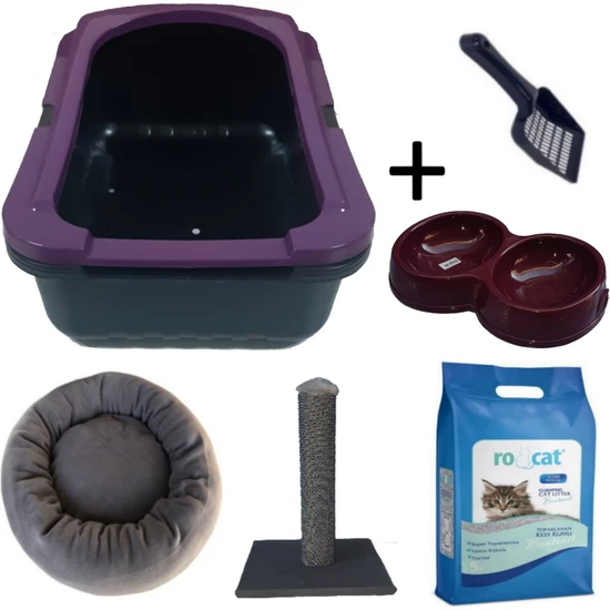 OPTIMAL Kedi Tuvalet Kabı Mor (5 Lt Kum + Kürek + Mor 50 cm Tırmalama + Mor Yatak ve Mor Çiftli Mama Kabı Seti)